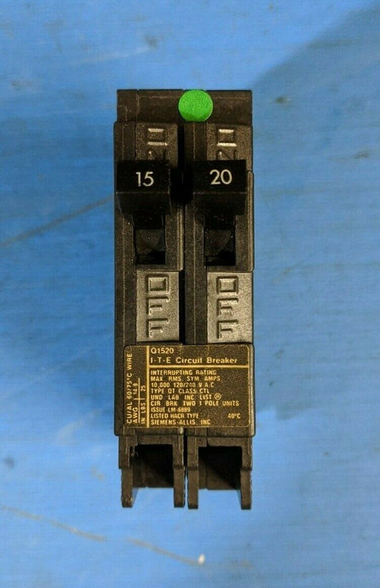 Q1520 - Siemens 15A/20A Amp 2X1P Pole 10kA@120/240V Plug On Duplex Circuit Breaker
