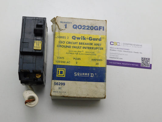 QO220GFI - Square D 20A Amp 2P Pole 10kA@120/240V Plug On Ground Fault GFCI Circuit Breaker - Older Series