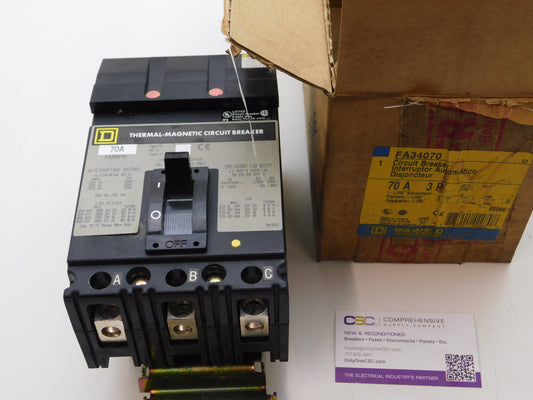 FA34070 - Square D 70A Amp 3P Pole 14kA@480V I-Line Plug On Circuit Breaker W/Gray Label