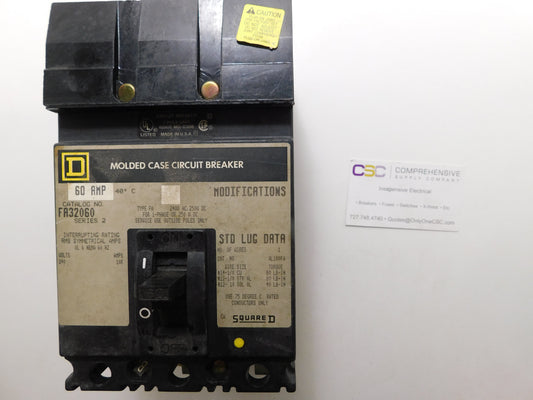 FA32060 - Square D 60A Amp 3P Pole 10kA@240V I-Line Plug On Circuit Breaker W/ Gray Label
