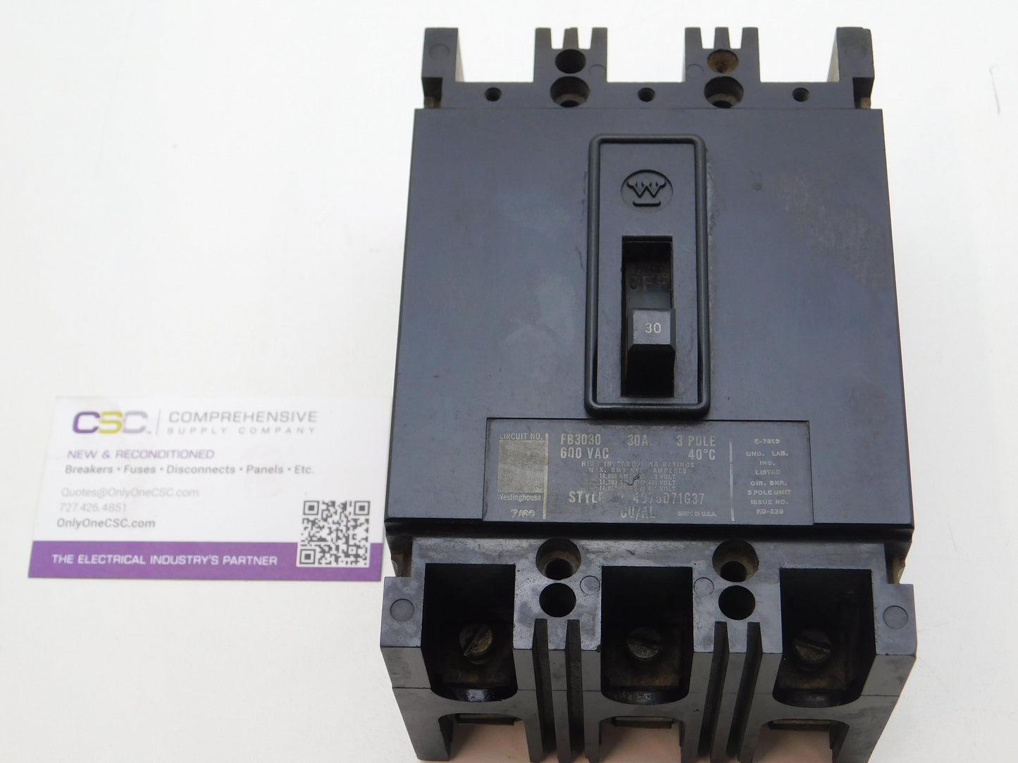 FB3030 - Westinghouse 30A Amp 3P Pole 600V 14kA@480V Bolt On Circuit Breaker