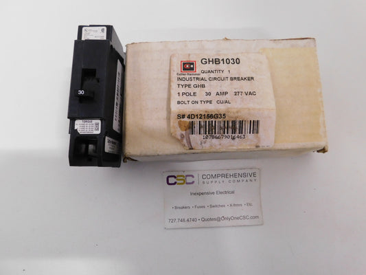 GHB1030 - Cutler Hammer 30A Amp 1P Pole 120/277V 14kA@277V Bolt On Circuit Breaker
