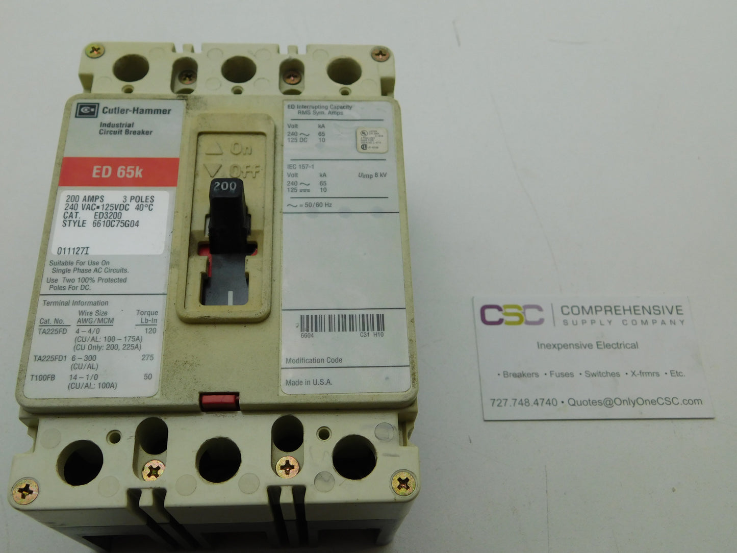 ED3200 - Cutler Hammer 200A Amp 3P Pole 65kA@240V Feed Through Circuit Breaker W/Red Label
