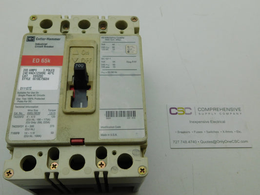 ED3200 - Cutler Hammer 200A Amp 3P Pole 65kA@240V Feed Through Circuit Breaker W/Red Label