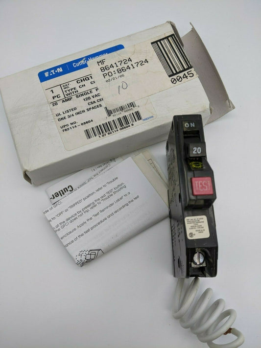 CHQ120GF - Cutler Hammer 20A Amp 1P Pole 10kA@120V Plug On Ground Fault GFCI Circuit Breaker