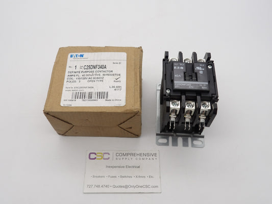 C25DNF340A - Eaton 40A Amp 3P Pole 600V Open Type Definite Purpose Contactor W/110/120V Coil