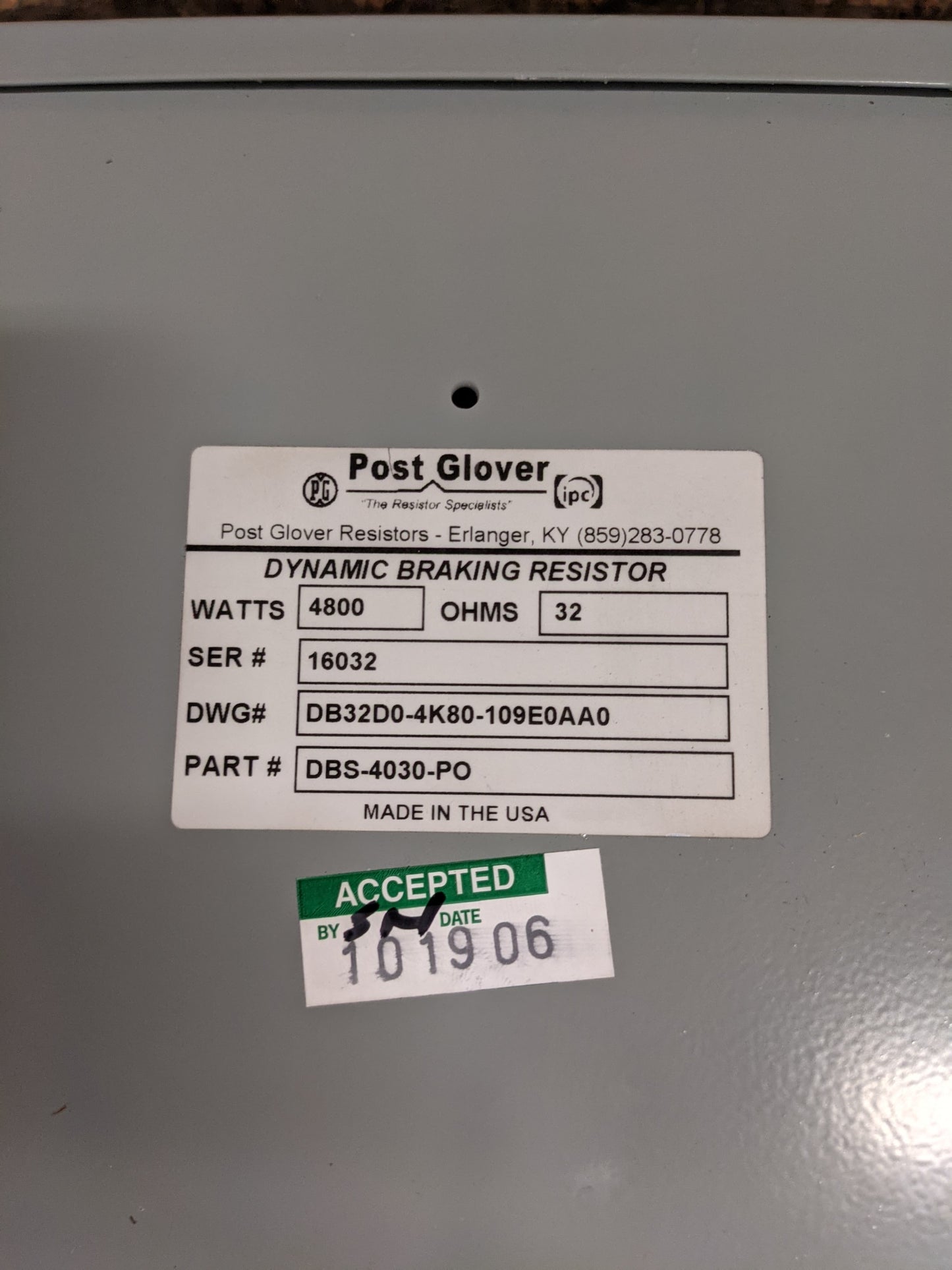 DB32D0-4K80-109E0AA0 - Post Glover 32 Ohms 4800 Watt Dynamic Braking Resistor