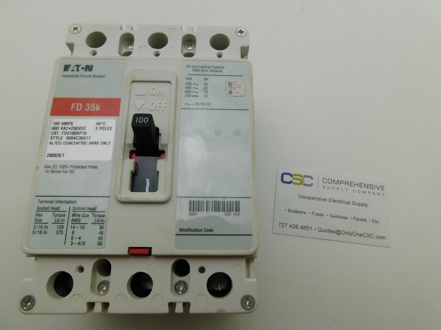 FD3100 - Eaton 100A Amp 3P Pole 600V 35kA@480V Bolt On Circuit Breaker W/Red Label