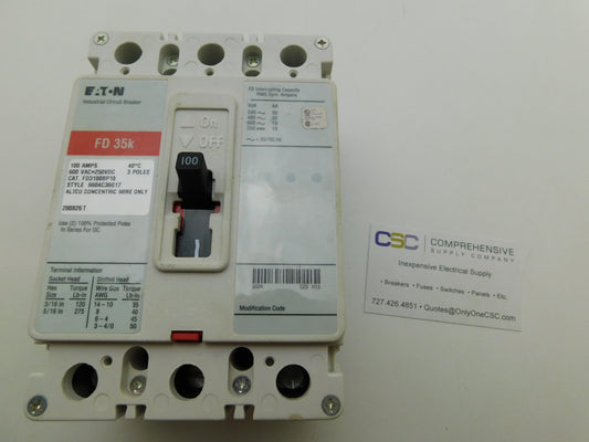 FD3100 - Eaton 100A Amp 3P Pole 600V 35kA@480V Bolt On Circuit Breaker W/Red Label