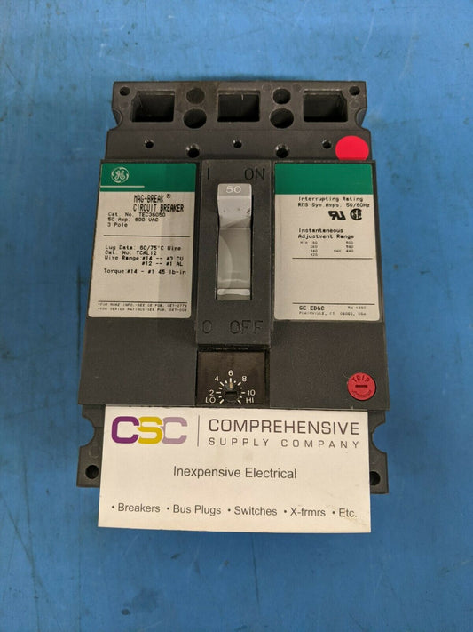 TEC36050 - GE 50A Amp 3P Pole 600V 10kA@480V Feed Through Circuit Breaker