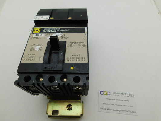 FH36045 - Square D 45A Amp 3P Pole 600V 25kA@480V I-Line Plug On Circuit Breaker W/Gray Label