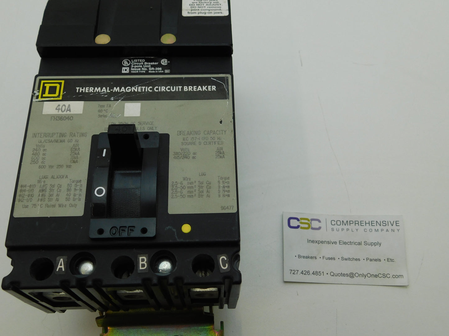 FH36040 - Square D 40A Amp 3P Pole 600V 25kA@480V I-Line Plug On Circuit Breaker W/Gray Label