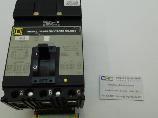 FH36040 - Square D 40A Amp 3P Pole 600V 25kA@480V I-Line Plug On Circuit Breaker W/Gray Label