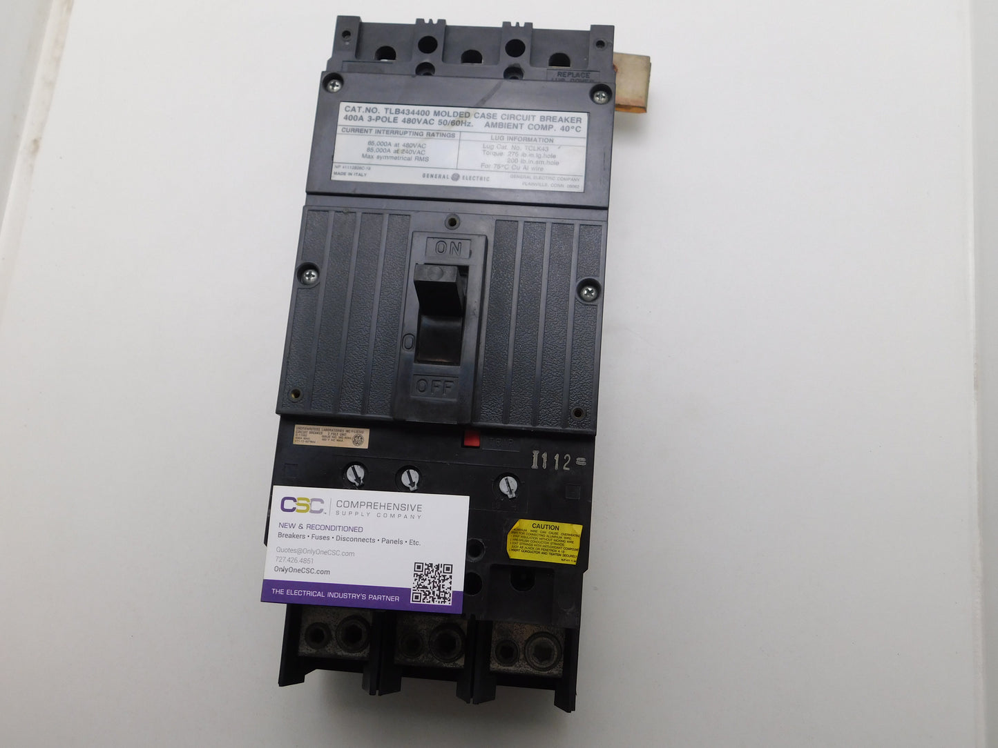 TLB434400 - GE 400A Amp 3P Pole 65kA@480V Feed Through Circuit Breaker W/400A Trip & Tclk43 Lug