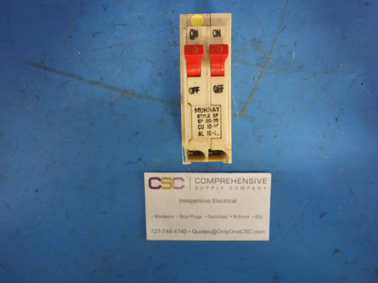 EP2020 - Murray 20/20A Amp 2X1P Pole 10kA@120V Plug On Duplex White Circuit Breaker W/Red Handles