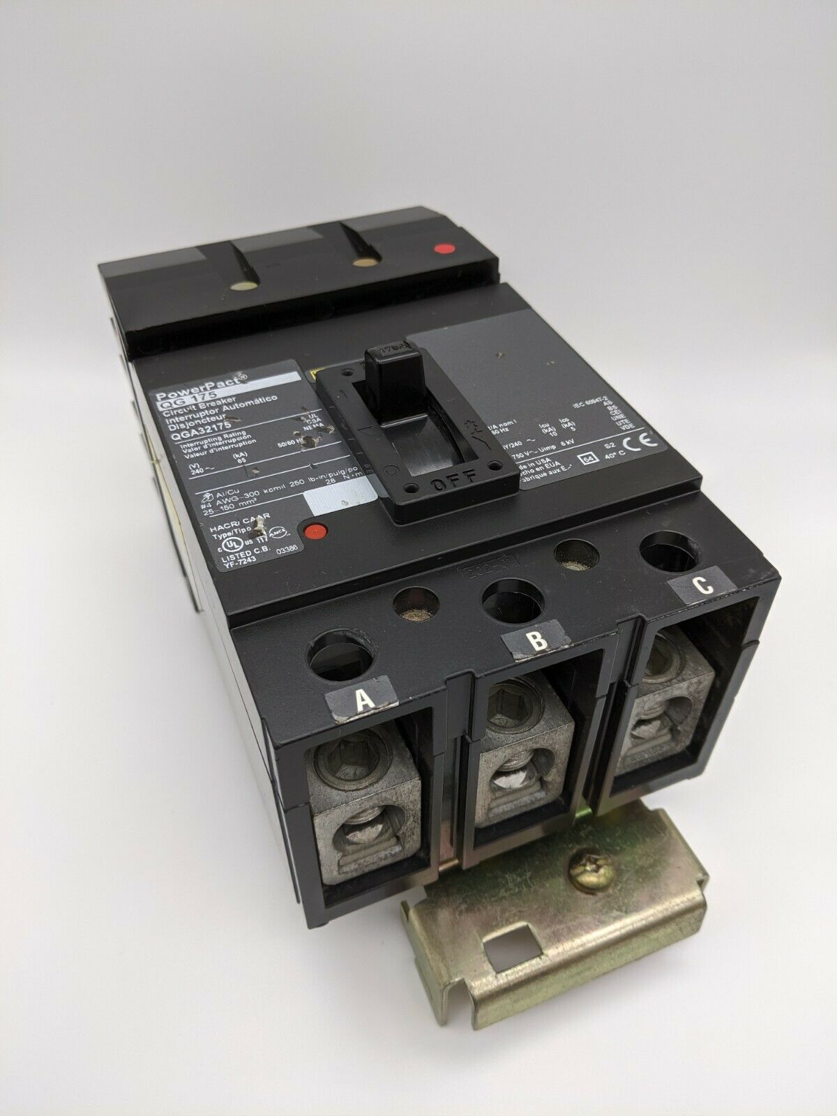 QGA32175 - Square D 175A Amp 3P Pole 65kA@240V I-Line Plug On Powerpact Circuit Breaker