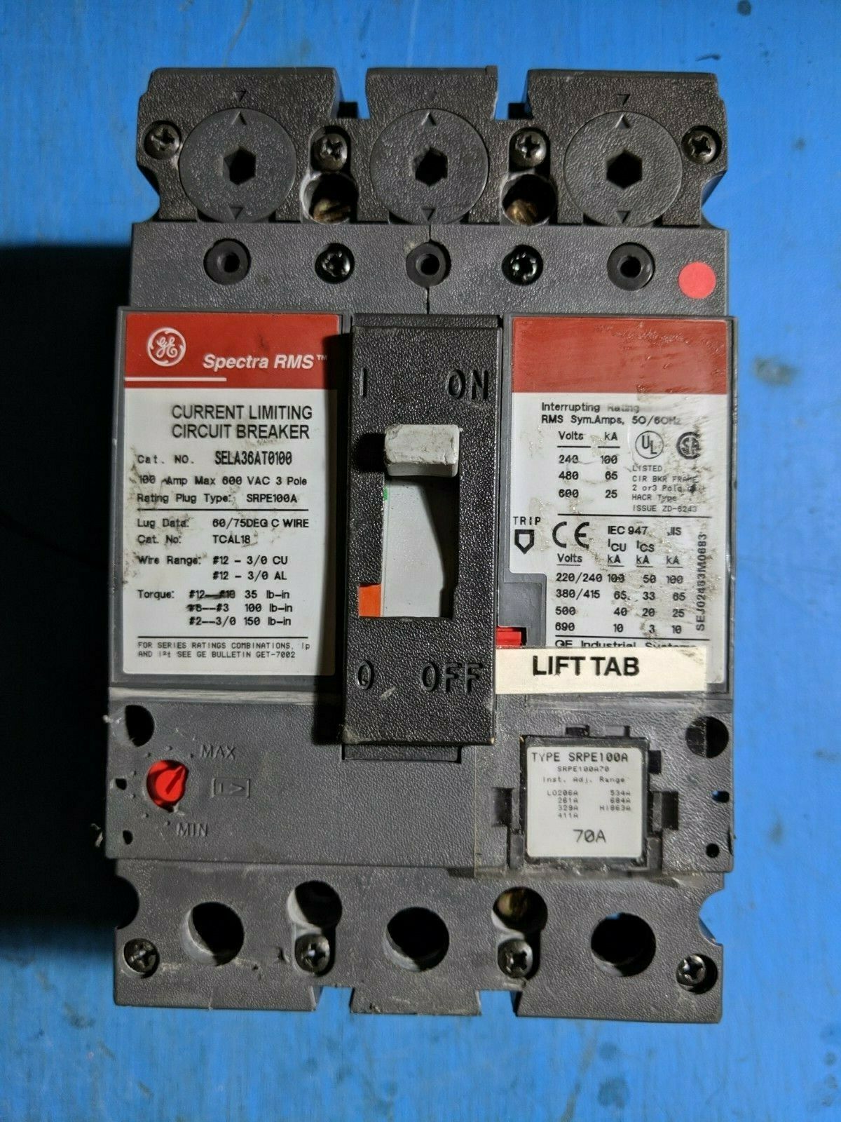 SELA36AT0100 - GE 100A Amp 3P Pole 600V 65kA@480V Bolt On Spectra Rms Circuit Breaker W/70A Plug & Shunt Trip