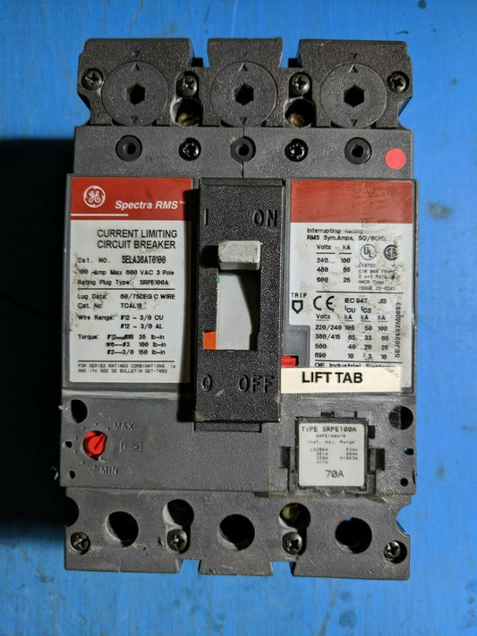 SELA36AT0100 - GE 100A Amp 3P Pole 600V 65kA@480V Bolt On Spectra Rms Circuit Breaker W/70A Plug & Shunt Trip