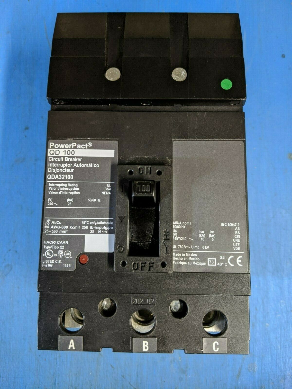 QDA32100 - Square D 100A Amp 3P Pole 25kA@240V I-Line Plug On Powerpact Circuit Breaker