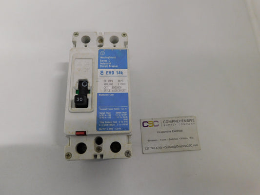 EHD2030 - Westinghouse 30A Amp 2P Pole 14kA@480V Feed Through Circuit Breaker W/Blue Label