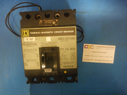 FAL340701021 - Square D 70A Amp 3P Pole 18kA@480V Feed Through Fal Circuit Breaker W/120/240V Shunt Trip
