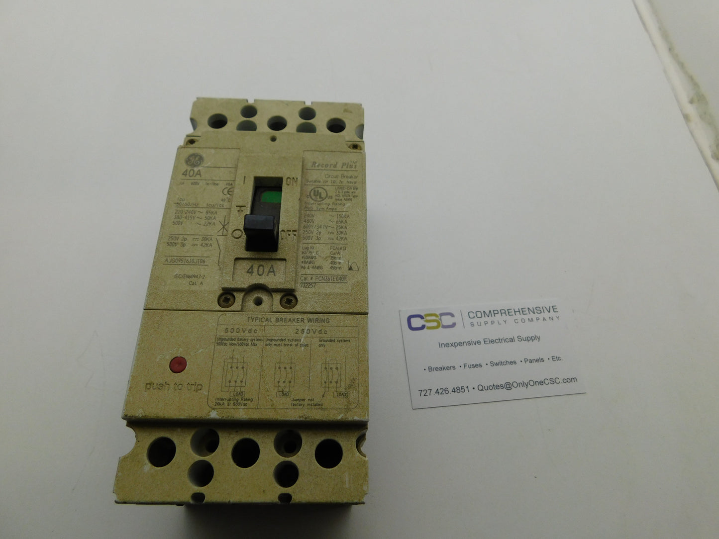 FCN36TE040R-RE - GE 40A Amp 3P Pole 600V 65kA@480V Feed Through Record Plus Circuit Breaker