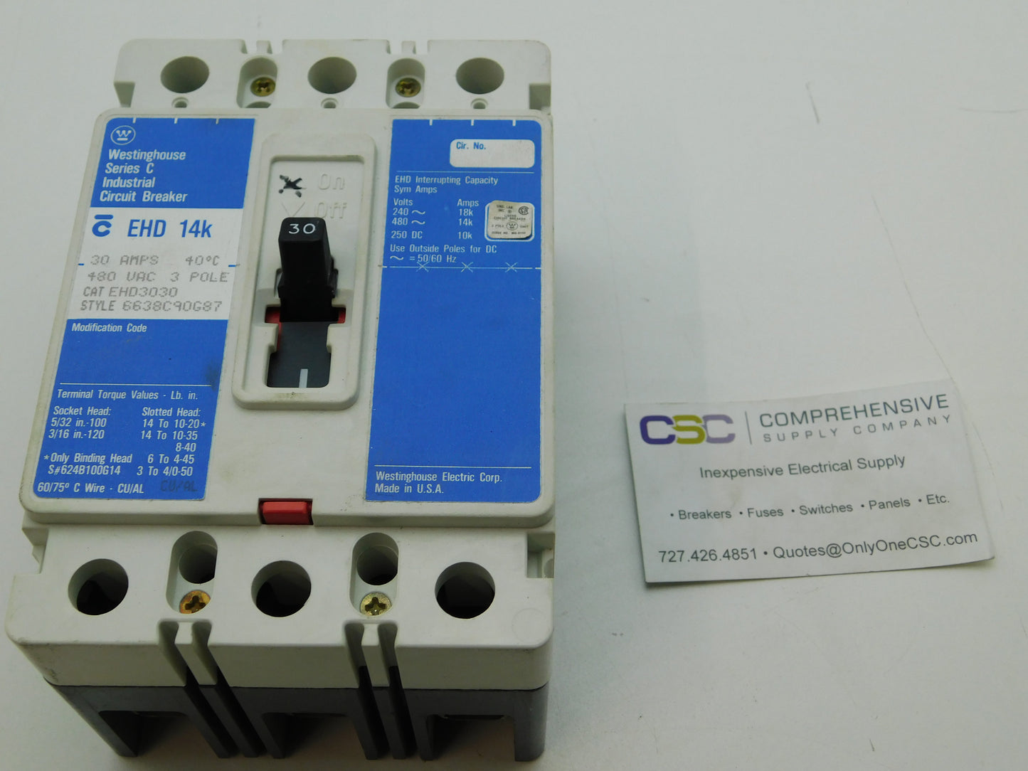 EHD3030 - Westinghouse 30A Amp 3P Pole 14kA@480V Feed Through Circuit Breaker W/Blue Label