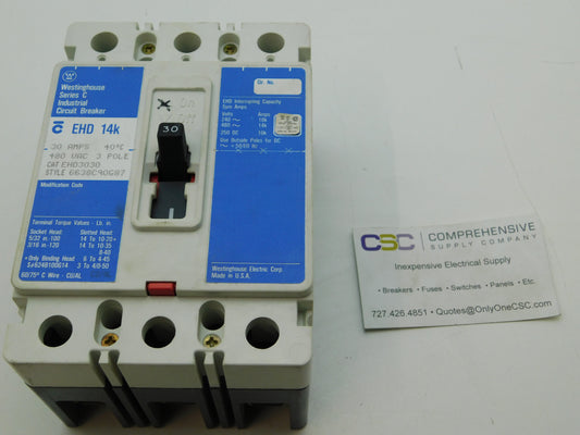 EHD3030 - Westinghouse 30A Amp 3P Pole 14kA@480V Feed Through Circuit Breaker W/Blue Label