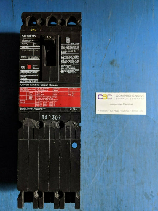 CED63B015 SA1E025 - Siemens 15A Amp 3P Pole 600V 200kA@480V Bolt On Circuit Breaker