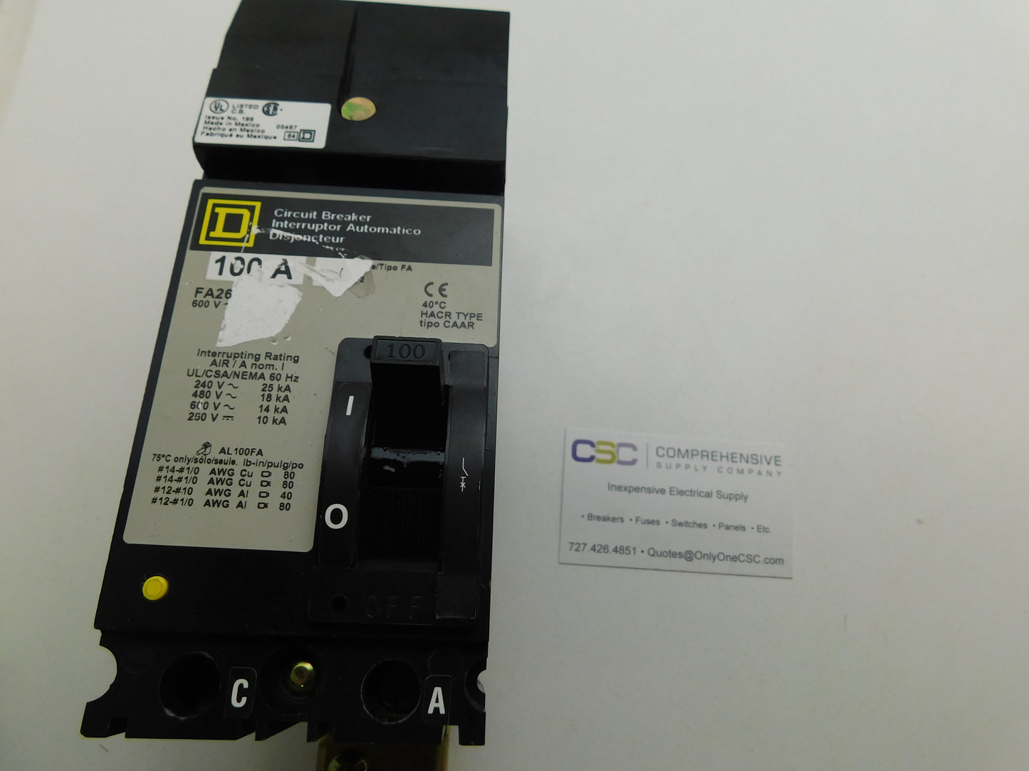 FA26100CA - Square D 100A Amp 2P Pole 600V 18kA@480V I-Line Plug On Circuit Breaker W/Gray Label