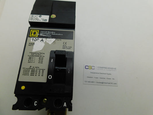 FA26100CA - Square D 100A Amp 2P Pole 600V 18kA@480V I-Line Plug On Circuit Breaker W/Gray Label
