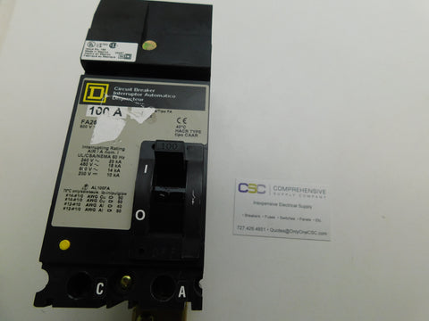 FA26100CA - Square D 100A Amp 2P Pole 600V 18kA@480V I-Line Plug On Circuit Breaker W/Gray Label