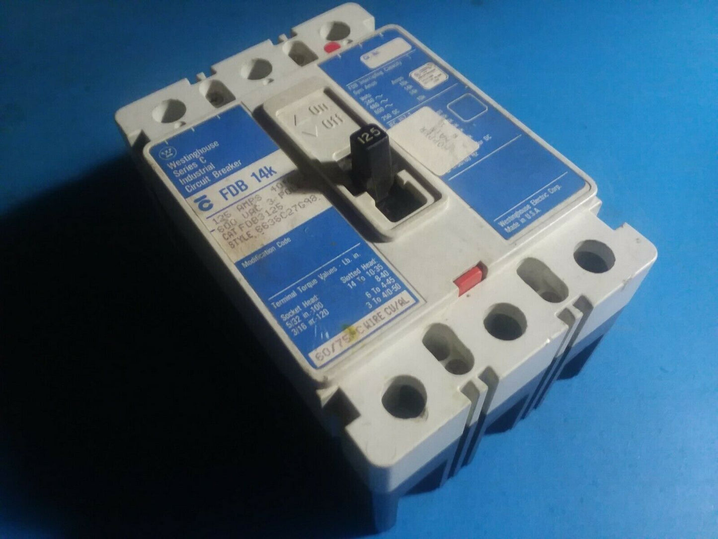 FDB3125 - Westinghouse 125A Amp 3P Pole 600V 14kA@480V Bolt On Circuit Breaker W/Blue Label