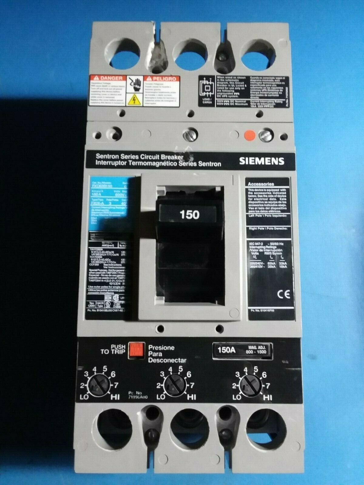 FXD63B150 - Siemens 150A Amp 3P Pole 600V 35kA@480V Bolt On Sentron Circuit Breaker W/Black Label