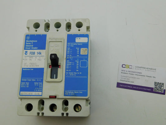 FDB3015 - Westinghouse 15A Amp 3P Pole 600V 14kA@480V Bolt On Circuit Breaker W/Blue Label
