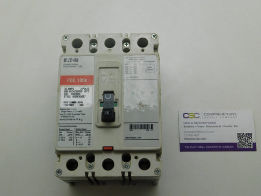 FDC3030 - Eaton 30A Amp 3P Pole 600V 100kA@480V Bolt On Circuit Breaker Wred Label