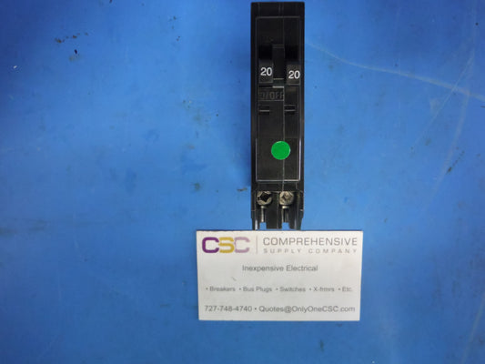 QOT2020 - Square D 20/20A Amp 2X1P Pole 10kA@120/240V Plug On Duplex Circuit Breaker W/Rejection Hook
