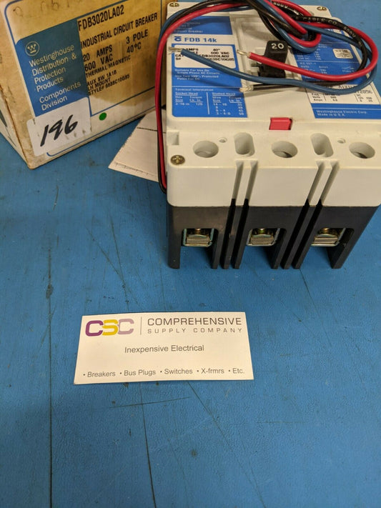 FDB3020LA02 - Westinghouse 20A Amp 3P Pole 600V 14kA@480V Bolt On Circuit Breaker W/Blue Label & 1A1B Aux