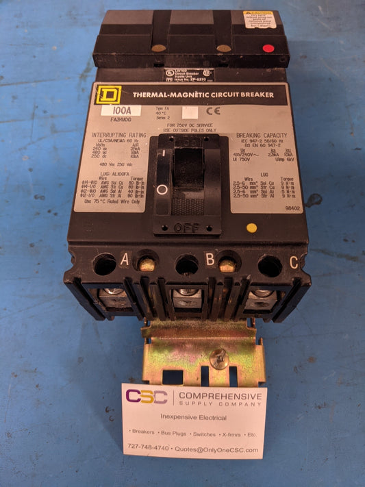 FA34100 - Square D 100A Amp 3P Pole 18kA@480V I-Line Plug On Fa Circuit Breaker W/ Gray Label
