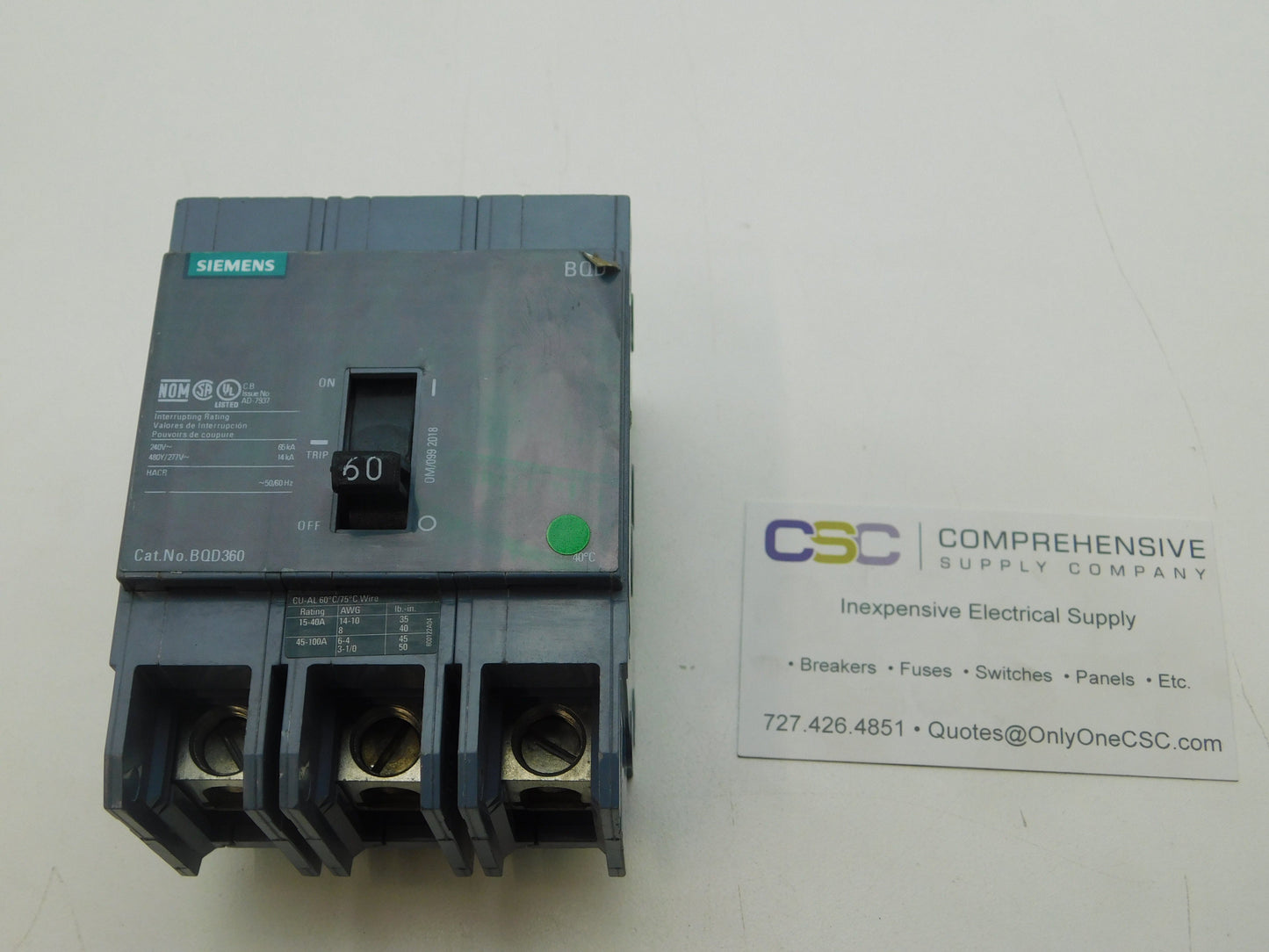 BQD360 - Siemens 60A Amp 3P Pole 14kA@480Y/277V Bolt On Gray Circuit Breaker