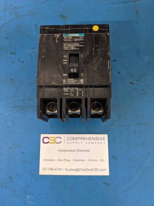 BQD340 - Siemens 40A Amp 3P Pole 14kA@480Y/277V Bolt On Circuit Breaker