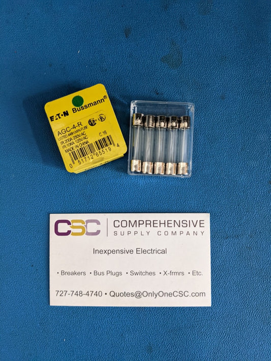 AGC-4-R - Bussmann 4A Amp 240V Glass Tube Cartridge Fuse 5Pk