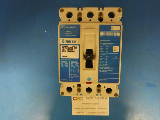 EHD3020 - Eaton 20A Amp 3P Pole 14kA@480V Feed Through Circuit Breaker W/Blue Label