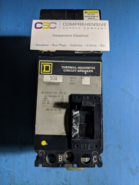 FA22050BC - Square D 50A Amp 2P Pole 10kA@240V I-Line Plug On Circuit Breaker W/ Gray Label