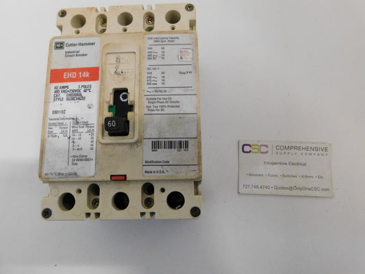 EHD3060L - Cutler Hammer 60A Amp 3P Pole 14kA@480V Feed Through Circuit Breaker