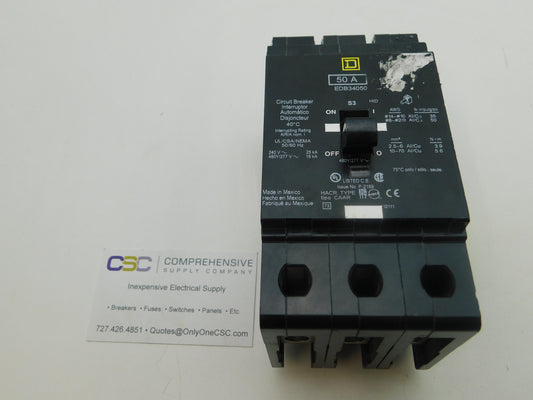 EDB34050 - Square D 50A Amp 3P Pole 18kA@480Y/277V Bolt On Circuit Breaker
