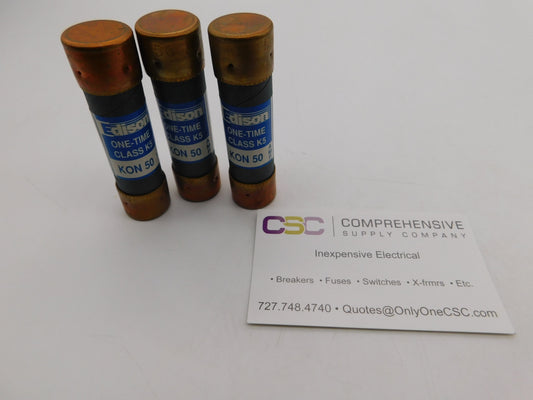 KON-50 - Edison 50A Amp 250V Class K5 One-Time Cartridge Fuse - 3 Pack