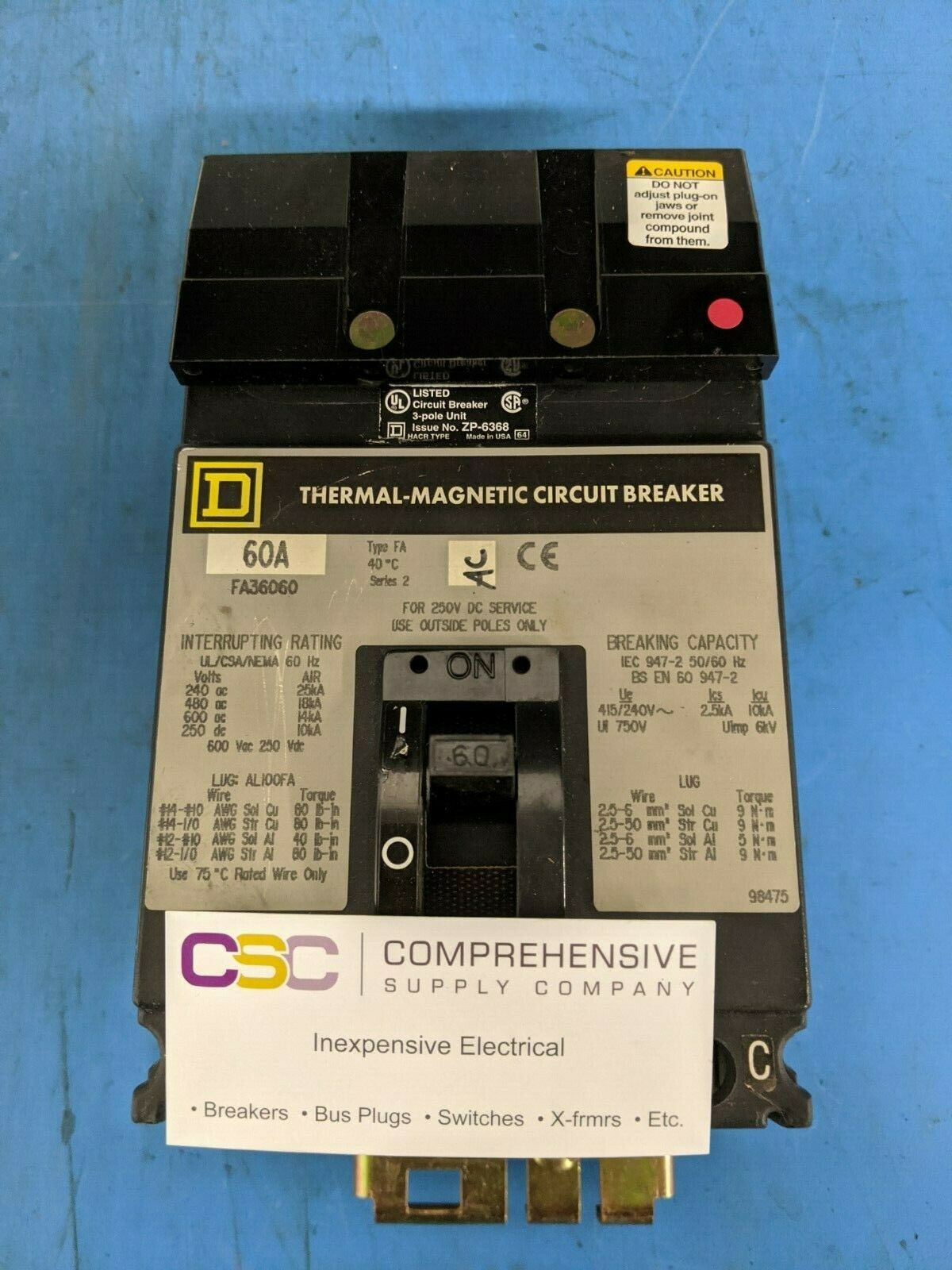 FA36060 - Square D 60A Amp 3P Pole 600V 18kA@480V I-Line Plug On Circuit Breaker W/Gray Label