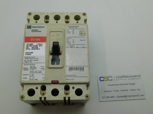 ED3125W - Cutler Hammer 125A Amp 3P Pole 65kA@240V Feed Through Circuit Breaker W/Red Label W/O Terminals