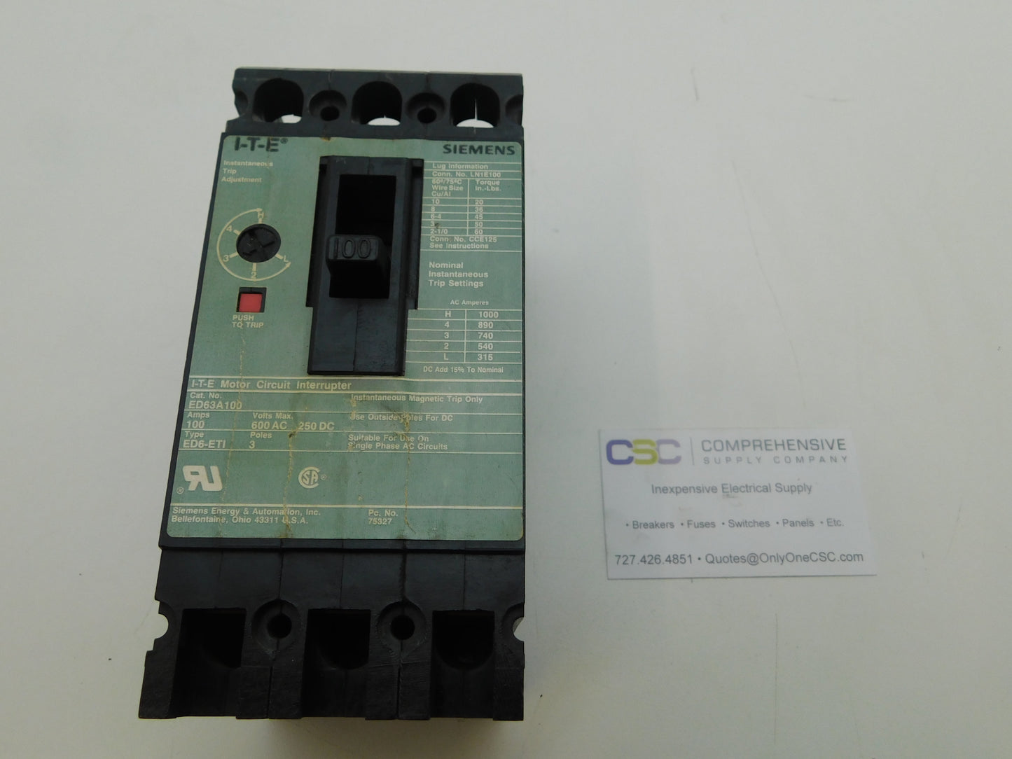 ED63A100 - Siemens 100A Amp 3P Pole 600V 25kA@480V Bolt On Circuit Breaker W/Gray Label